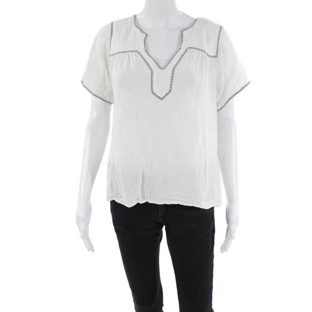 Margaret OLeary Womens Cotton Embroidered V-Neck Blouse White Size S